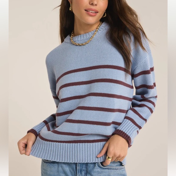 Z Supply Boyfriend Stripe Sweater New Light Denim - Picture 5 of 7
